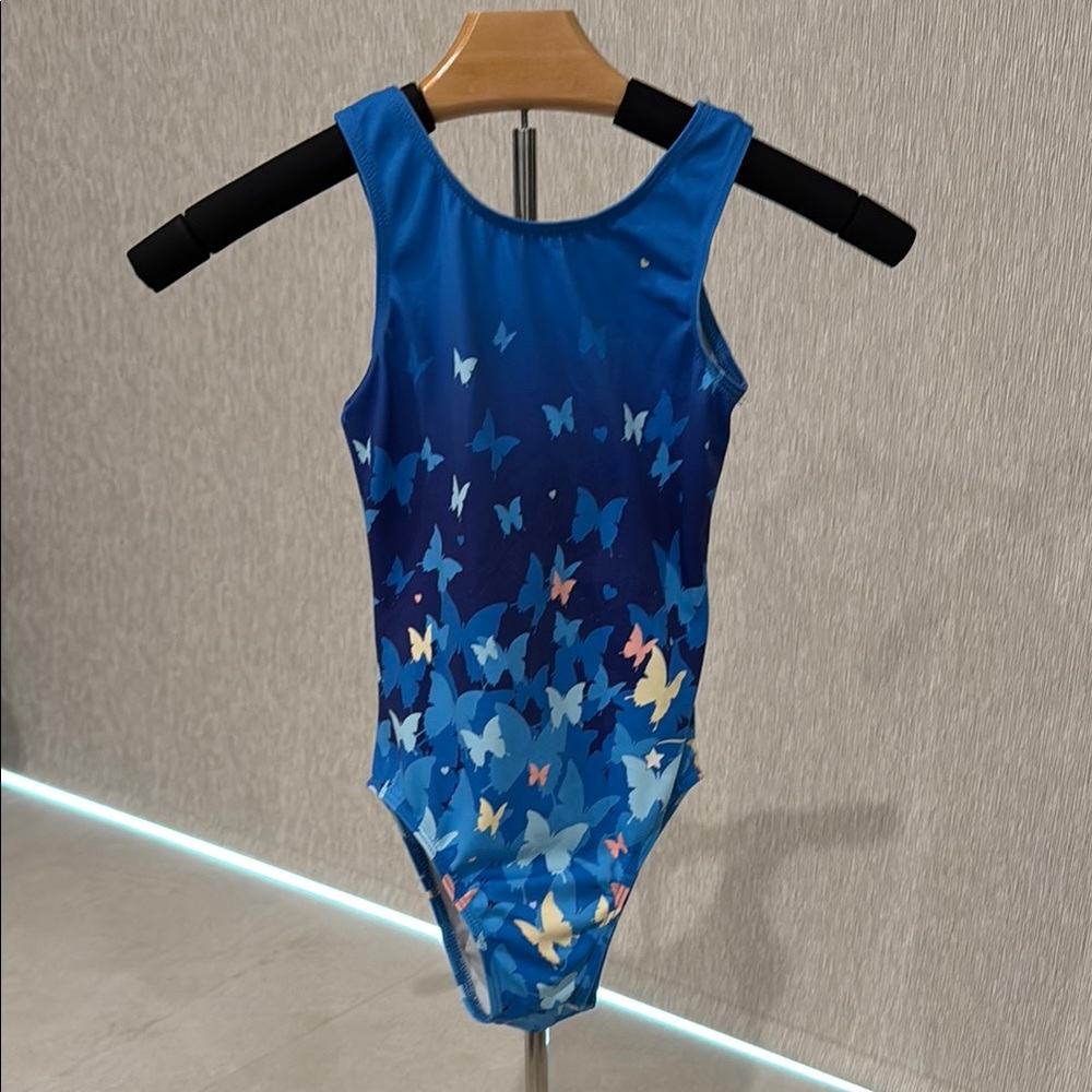 Destira Blue Butterfly Print leotard Child Small